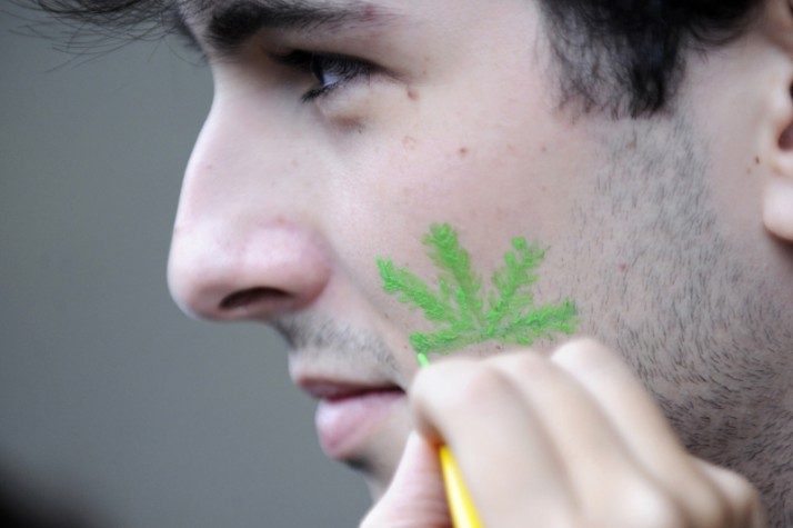 Manifestante na Marcha da Maconha do Rio de Janeiro pinta o rosto com a folha da cannabis sativa