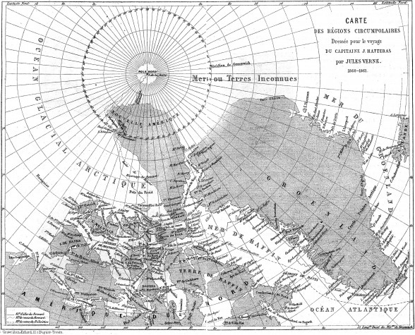 Mapa da expedição do livro O capitão Hatteras, que faz uma viagem ao Pólo Norte