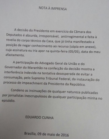 Nota de Eduardo Cunha após decisão de Waldir Maranhão