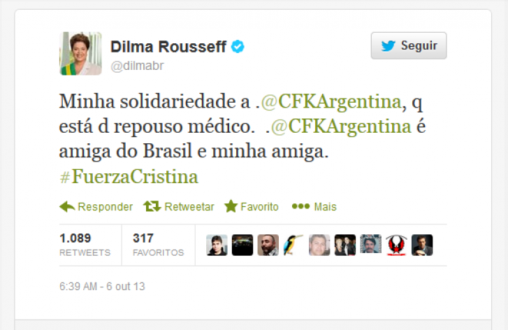 Dilma se solidariza com Cristina Kirchner em mensagem no Twitter
